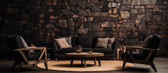 Canvas Print - A cozy living room with hardwood flooring, featuring a couch, chairs, and a table in front of a beautiful brick wall