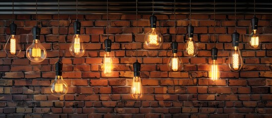 Poster - An art installation featuring a bunch of light bulbs hanging from a brick wall, illuminating the darkness with a warm glow, creating a unique event in a rustic building