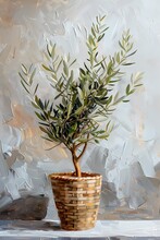Small Olive Tree  Oil Painting With Woven Basket On A Smooth Surface, Set Against A Minimalist White And Grey Background, Artwork For Wall Art Illustration And Home Decor, Digital Art