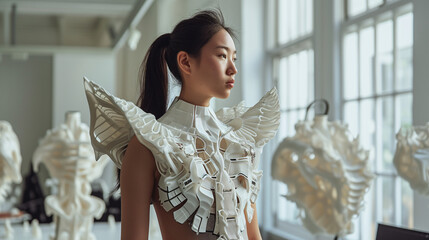 3D printing in fashion design. A charming model in clothes printed on a 3D printer