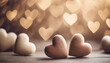 Beige brown hearts on blurred background, symbolizing love. Clean empty space, ideal for love concept