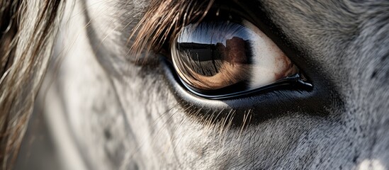 Wall Mural - A closeup of a horses eye reveals the reflection of a person in it. The eyelash, iris, and snout are visible in this terrestrial working animals eye