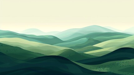 Abstract graded green colors landscape wallpaper background illustration desig, hills and mountains, copy and text space, 16:9