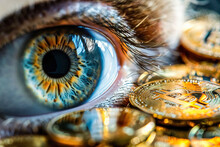 Bitcoin. Eyes of a person with the logo money and bitcoin