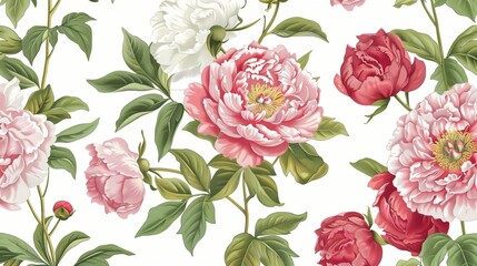 Canvas Print - Modern illustration of a seamless floral pattern with peonies.