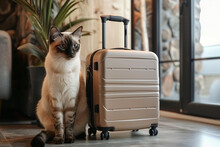 Cat Next To Modern Travel Suitcase In Room