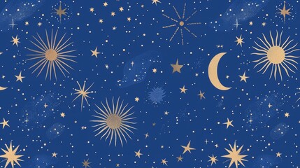 Wall Mural - modern illustration of a seamless blue space pattern with sun, crescent, and stars on a blue backgro