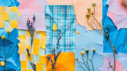 Wall Mural - On a bright blue checkered background with yellow doodles, this collage element sets is dressed with on-trend style. All objects are modern cut outs in png format.