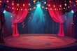 A cartoon poster of a theater festival with red curtains and wood scene with glowing spotlights and garland. A flyer that is suitable for theaters, cinemas, and entertainment concerts.