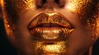 Golden makeup drips on model s metallic skin, lips, nails with lip gloss, creating a stunning effect