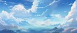 An illustration of a beautiful anime sky featuring fluffy clouds, towering mountains, the vast ocean, a shining sun, and the calm sea