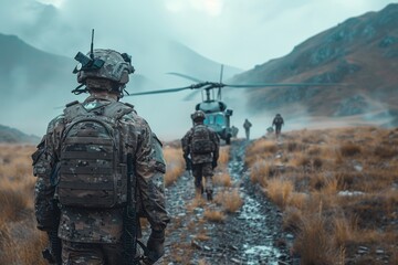 Squad of soldiers walking in a desolate field towards awaiting helicopters, indicating military operation