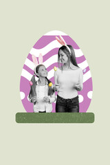 Sticker - Vertical collage image of charming family mother daughter have fun celebrate easter invitation postcard bizarre unusual fantasy billboard