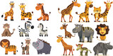 Fototapeta Pokój dzieciecy - Wood, jungle or savanna animals, leopard, giraffe, hippo, crocodile and zebra