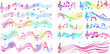 Musical notation lines with note symbols, song waves and musically rainbow vector illustration set