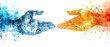 Conceptual image of two hands reaching towards each other painted in contrasting blue and orange hues
