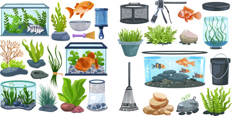 Cartoon aquarium equipment, fish, seaweeds and stones