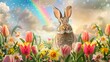 Springtime fantasy with rabbit among vibrant tulips and daffodils. Colorful floral field with a bunny under a sunny sky with a rainbow.