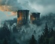 Cooling towers against forest backdrop, steam cloud, contrast natural vs. industrial