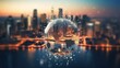 Creative image of cityscape and abstract globe with connected hr icons. Global network concept