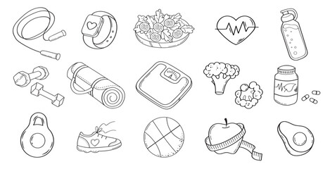 Weight loss, fitness and healthy lifestyle outline illustrations. Vector set of cute elements in doodle style isolated on white background.