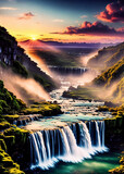 Fototapeta Zachód słońca - Fantasy landscape with waterfall at sunset