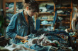 A person repurposing old clothing and textiles for DIY projects, promoting sustainable fashion choices and money-saving habits.