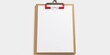 A clipboard with a white paper and a red clip, isolated on a white background, exhibits a style of light bronze and brown, double lines, and a transfer.