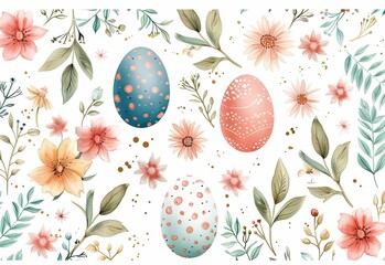 Wall Mural - Easter seamless pattern with eggs, flowers and leaves. Easter celebration concept