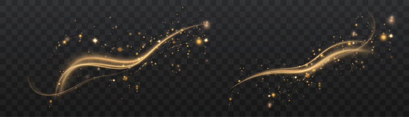 Wall Mural - Magical glow. The light effect sparkles in a curved path, sparkling with a shiny magical textured shimmer. Glowing wave of stardust, shiny sparkle magical starlight, isolated set for vector illustrati