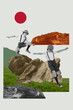 © master1305 - Positive, active boys, kids in retro clothes having fun, playing outdoors, jumping over rocks on warm summer day. Contemporary art collage. Concept of active lifestyle, vacation, nature. Retro style