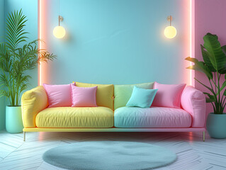 Wall Mural - A living room with a yellow, pink and green couch, potted plant and lamp. In the style of simplistic cartoon. 