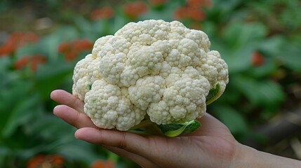 Hand holding cauliflower head with selection on blurred background for text placement