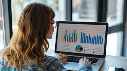 Wall Mural - Business woman, reading and planning on laptop for financial research, email or internet in her office. Young worker or professional accountant with computer for budget report, typing and information.