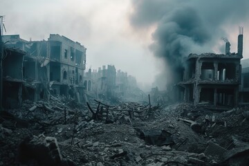 view of destroyed by war city ruins of buildings and smoke in air, generative AI