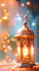 Wall Mural - Celebration of islamic eid mubarak and eid al adha lantern in a light background.