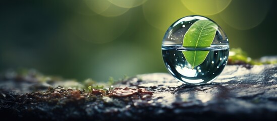 A transparent spherical glass object containing a single green leaf within