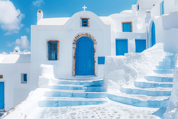 Beautiful Mediterranean architecture in traditional Greek style with white and blue buildings and stone staircases