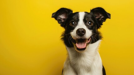 Wall Mural - studio headshot portrait of brown white and black medium mixed breed dog smiling against a yellow background