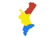Silueta del mapa de la Comunidad Valenciana en 3 colores, rojo, amarillo y azul, Castellón, Valencia y Alicante respectivamente
