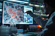 © Connect Images AI - Scientist analyzing samples with a virus illustration on the monitor
