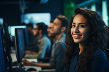 Hard working person in modern interior office programming writing web java script code AI technology generation