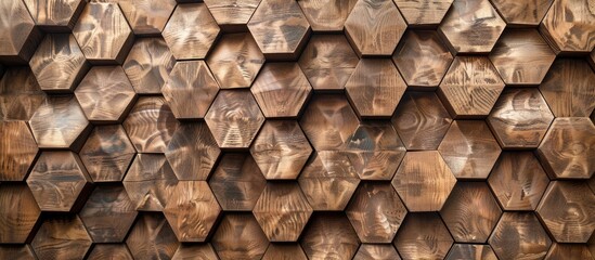 Wall Mural - A detailed shot of a brown wooden wall featuring a honeycomb pattern, showcasing the natural material and symmetry of the composite building material