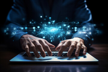 Hard working person in modern interior office programming writing web java script code AI technology generation