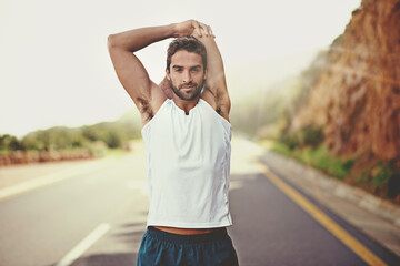 Poster - Road, runner and stretching of man, portrait and training for energy in nature of city of Cape Town. Adult, male person on highway, happy and sport with exercise to relax, wellness and healthy