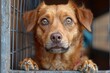A close-up of a dog with soulful eyes looking through the bars of a shelter or a kennel