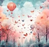 Fototapeta Dziecięca - balloons, aeronautics, delicate pastel colors, watercolor banner illustration, for children's room, background, pattern