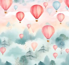 Balloons, Aeronautics, Delicate Pastel Colors, Watercolor Banner Illustration, For Children's Room, Background, Pattern