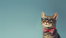 Nerdy Cat Wearing Glasses And Bowtie Isolated On Plain Color Studio Background Frame With Empty Text Space