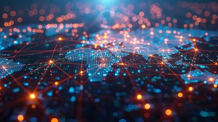 Detailed view of a three-dimensional projection displaying an interconnected web of global logistic pathways and nodes